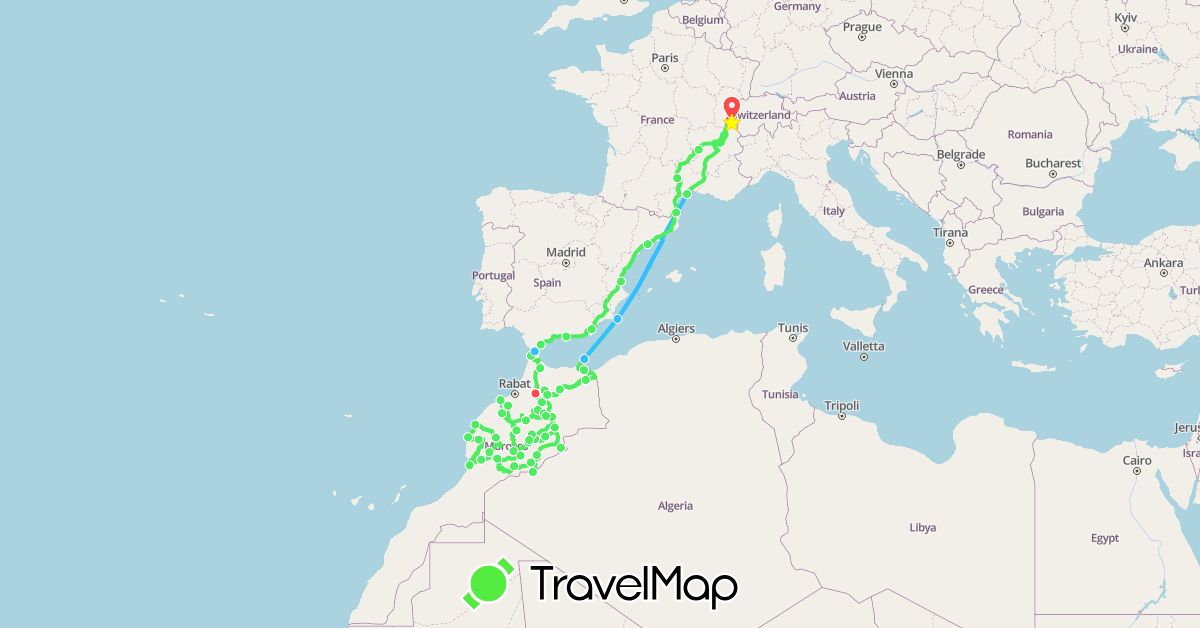 TravelMap itinerary: hiking, boat, ford transit mk7 in Switzerland, Spain, France, Morocco (Africa, Europe)