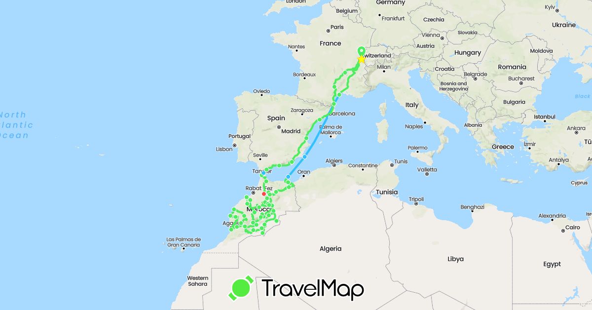 TravelMap itinerary: hiking, boat, ford transit mk7 in Switzerland, Spain, France, Morocco (Africa, Europe)