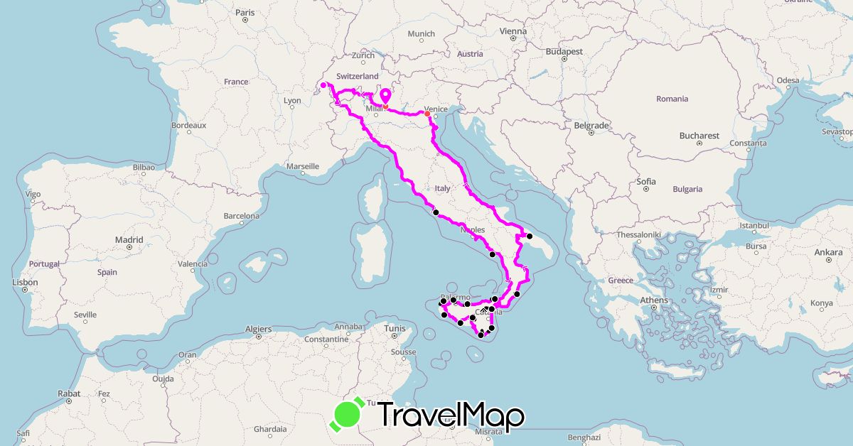 TravelMap itinerary: driving, hiking, camping- car carthago, side-car ural in Switzerland, Italy (Europe)