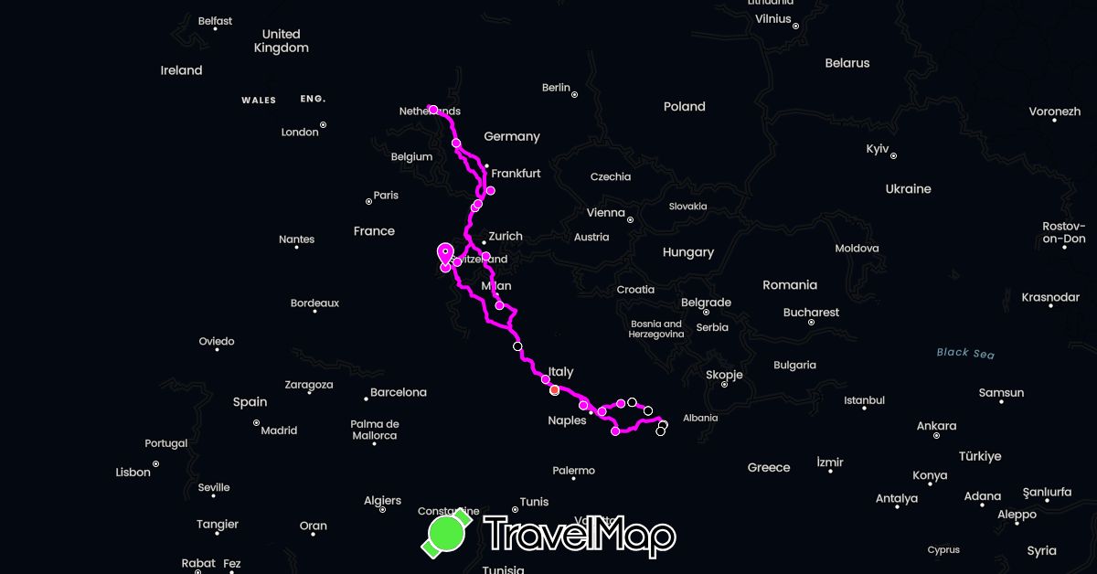 TravelMap itinerary: driving, hiking, camping- car carthago, side-car ural in Switzerland, Germany, Italy, Netherlands (Europe)