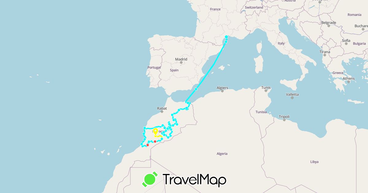 TravelMap itinerary: hiking, parcourt du jour, defender 130, parcours du jour in France, Morocco (Africa, Europe)
