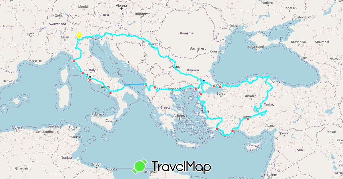 TravelMap itinerary: driving, bus, hiking, boat, defender 130, parcours du jour in Albania, Bulgaria, Switzerland, Greece, Croatia, Italy, Serbia, Slovenia, Turkey (Asia, Europe)