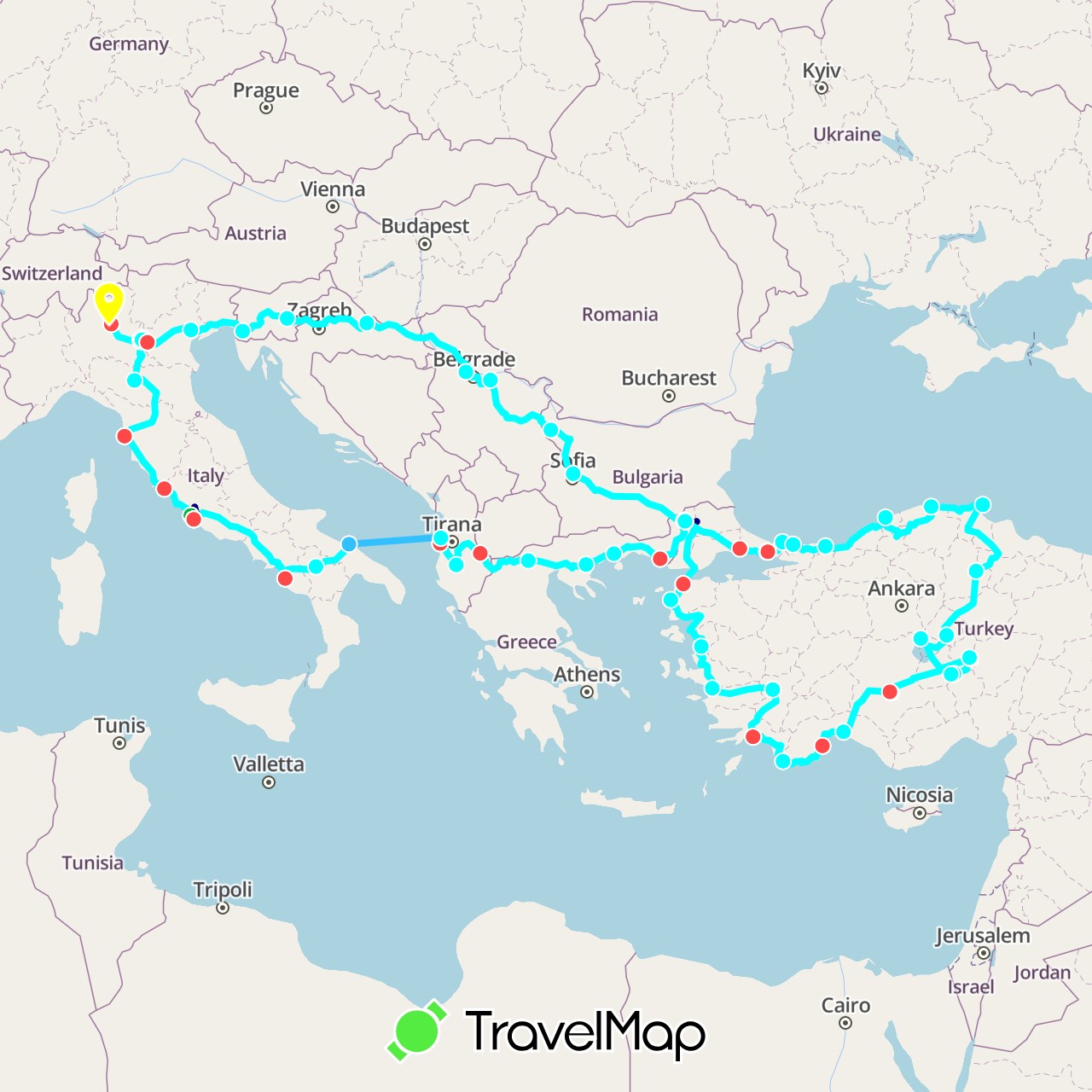 TravelMap itinerary: driving, bus, hiking, boat, defender 130, parcours du jour in Albania, Bulgaria, Switzerland, Greece, Croatia, Italy, Serbia, Slovenia, Turkey (Asia, Europe)